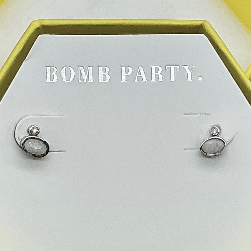 Bomb Party Genuine White Quartz Stud Earrings 1/4 Inch Rhodium Plated RBP3440 - Picture 2 of 6